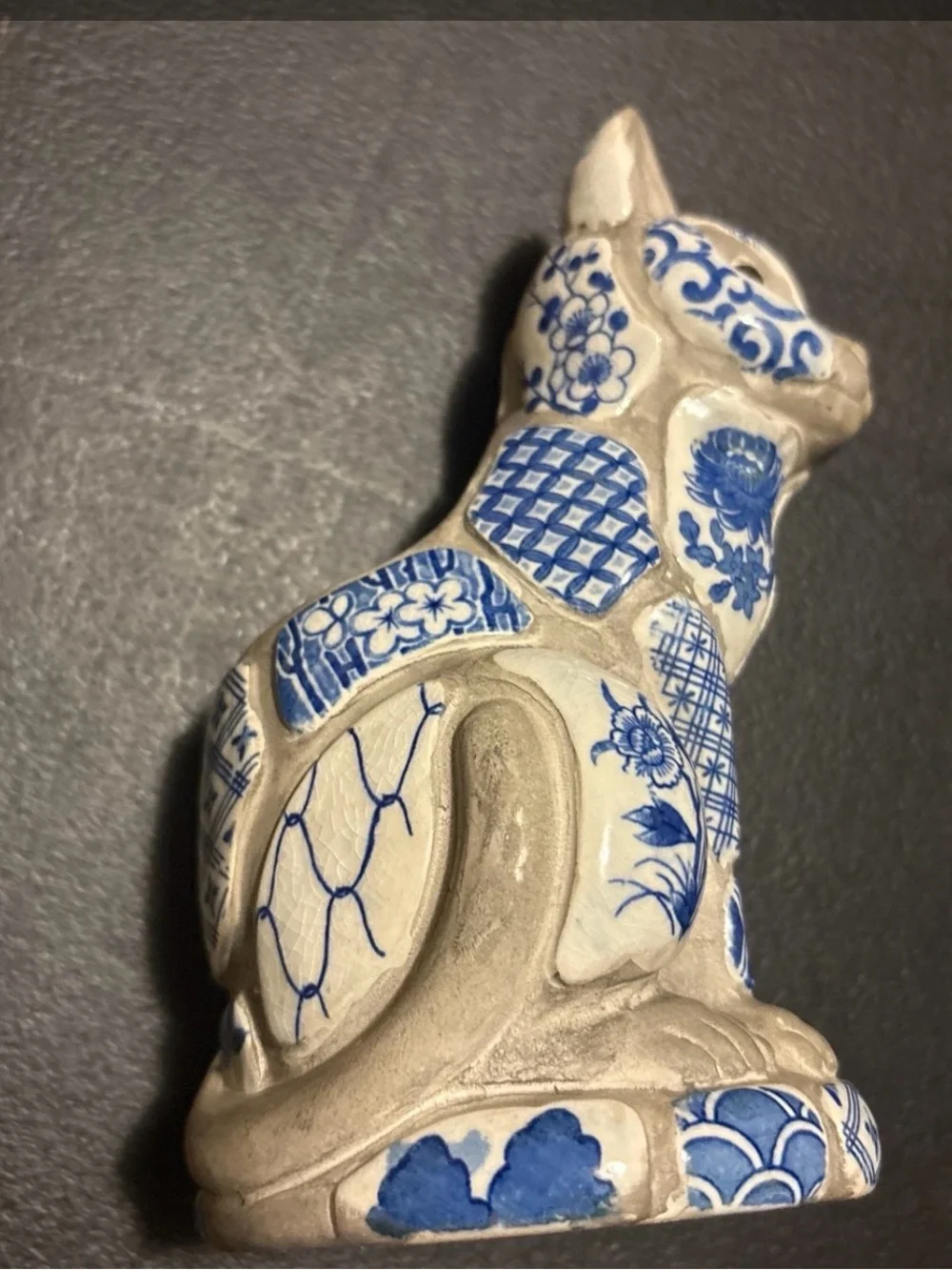 Vintage 1981 Nancy Lopez Blue White Cat Tile Mosaic Statue Figurine 4x9.5